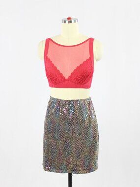 FREDERICK'S OF HOLLYWOOD Black Rainbow Stretch Sequin Mini Slip Skirt, Size M